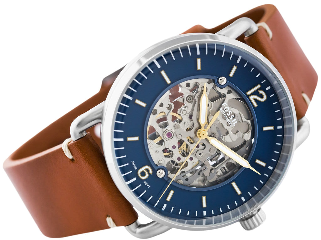Fossil Commuter Automatic Skeleton Blue Dial Brown Leather Strap Watch for Men - ME3159 Buy Now By Fossil