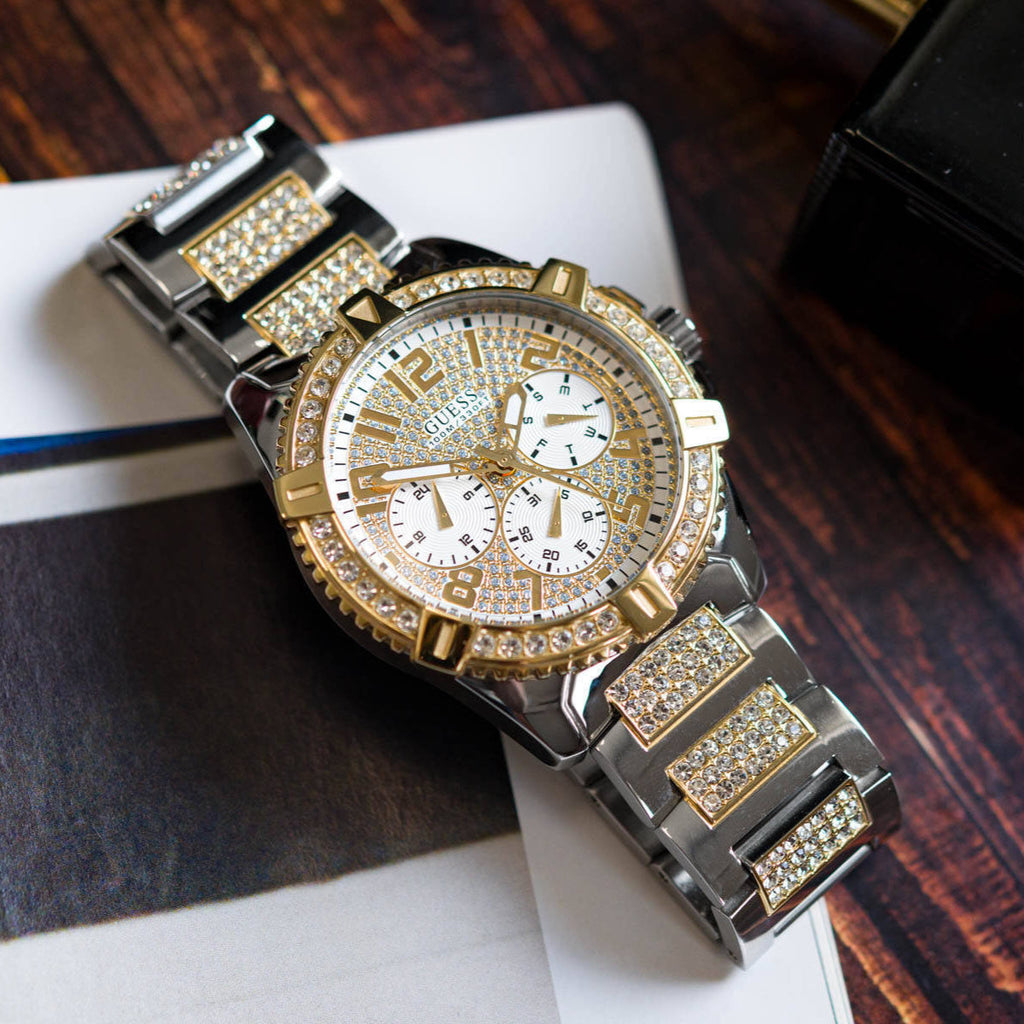 Guess Frontier Chronograph Crystals Silver Dial Two Tone Steel Strap Watch for Men - W0799G4 Buy Now By Guess