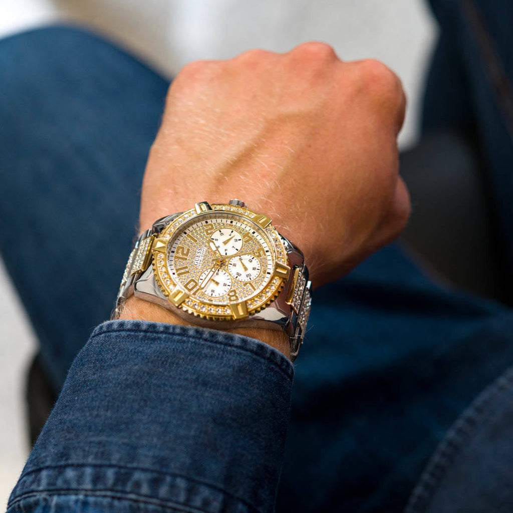 Guess Frontier Chronograph Crystals Silver Dial Two Tone Steel Strap Watch for Men - W0799G4 Buy Now By Guess