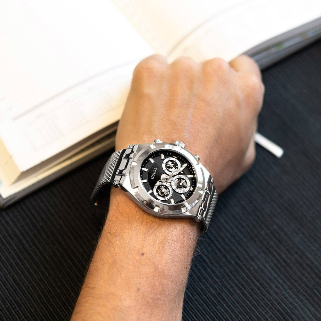 Guess Continental Quartz Black Dial Silver Mesh Strap Watch For Men - GW0582G1 Buy Now By Guess