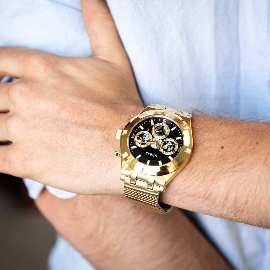 Guess Continental Chronograph Black Dial Gold Mesh Strap Watch For Men - GW0582G2 Buy Now By Guess