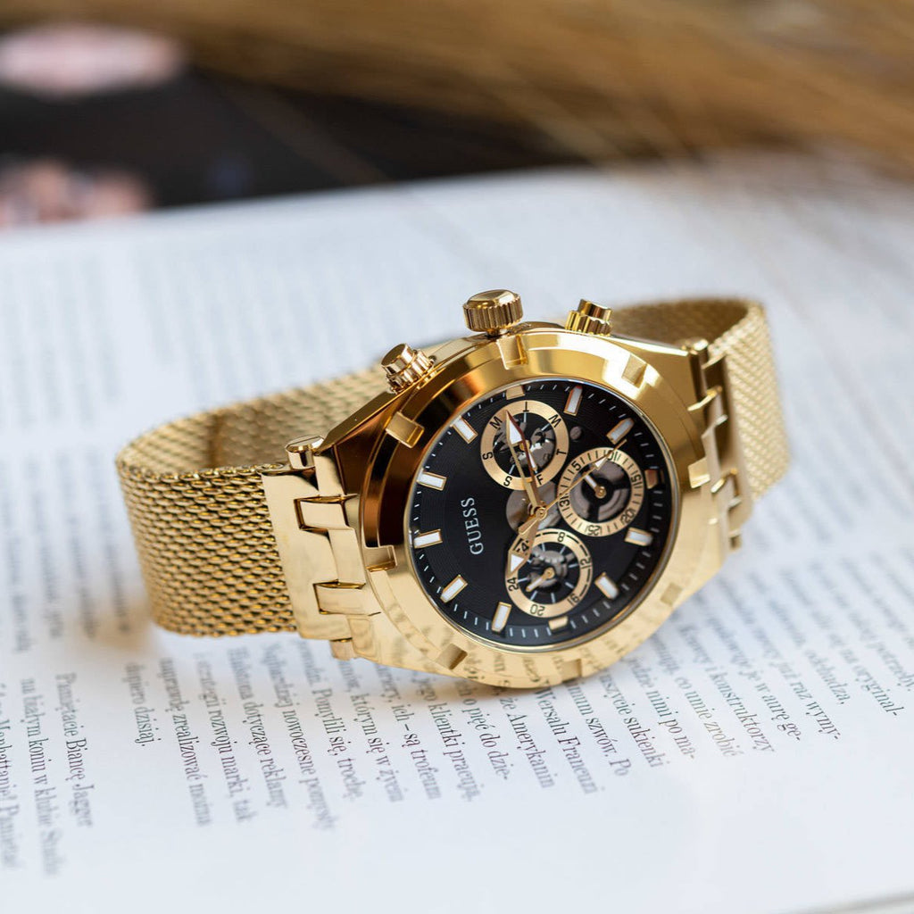 Guess Continental Chronograph Black Dial Gold Mesh Strap Watch For Men - GW0582G2 Buy Now By Guess