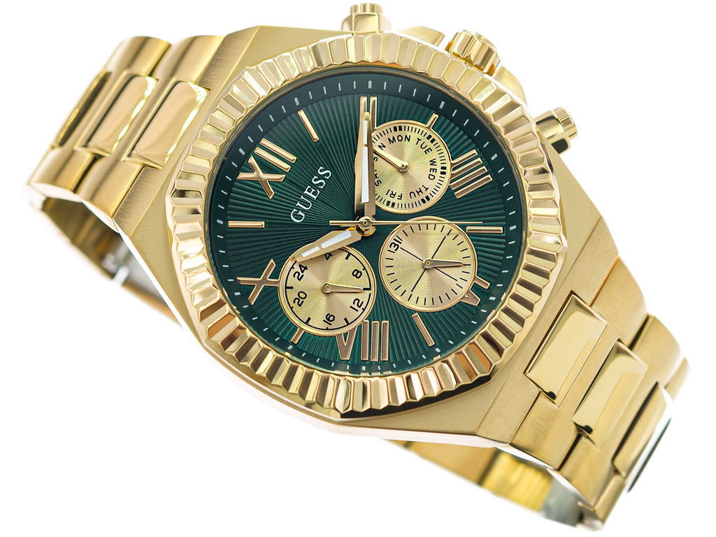 Guess Equity Analog Green Dial Gold Steel Strap Watch For Men - GW0703G2 Buy Now By Guess