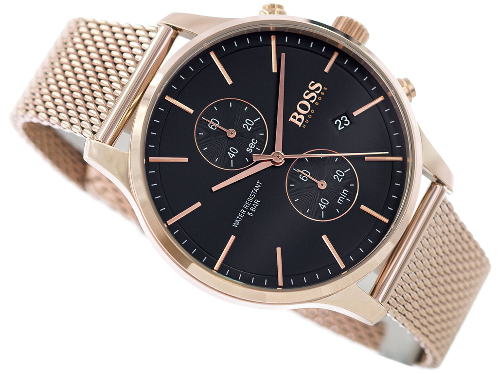 Hugo Boss Associate Black Dial Rose Gold Mesh Bracelet Watch for Men - 1513806 Buy Now By Hugo Boss