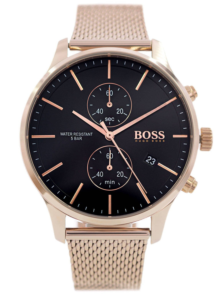 Hugo Boss Associate Black Dial Rose Gold Mesh Bracelet Watch for Men - 1513806 Buy Now By Hugo Boss