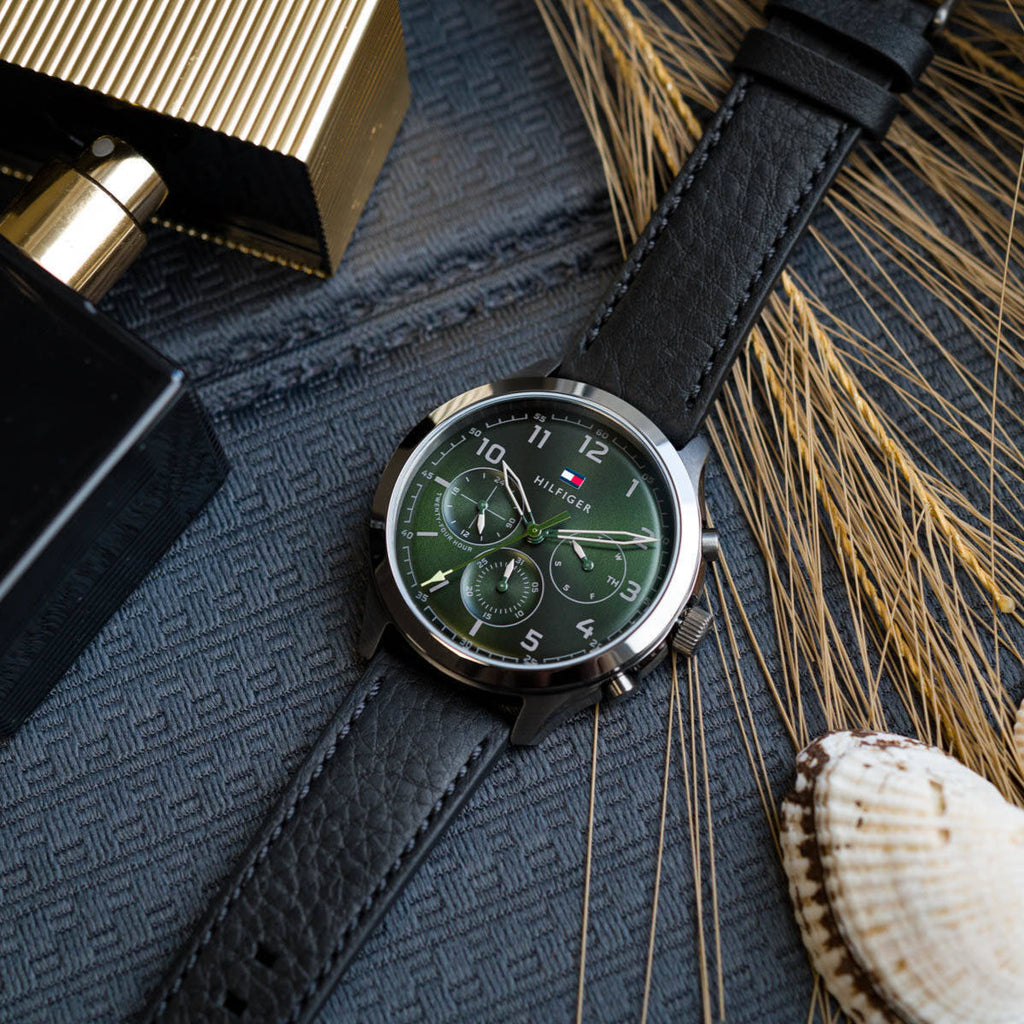 Tommy Hilfiger Asher Chronograph Green Dial Black Leather Strap Watch For Men - 1791856 Buy Now By Tommy Hilfiger