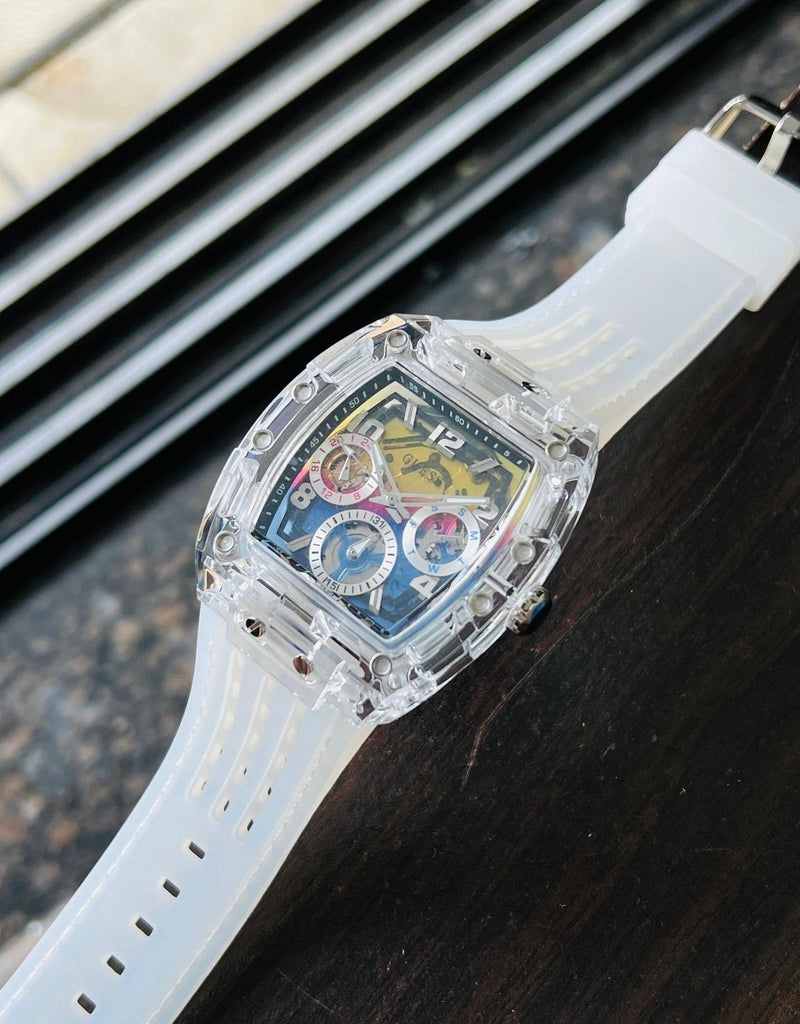 Guess Phoenix Polycarbonate Clear Multi-function Black Dial Clear Rubber Strap Watch for Men - GW0499G3 Buy Now By Guess