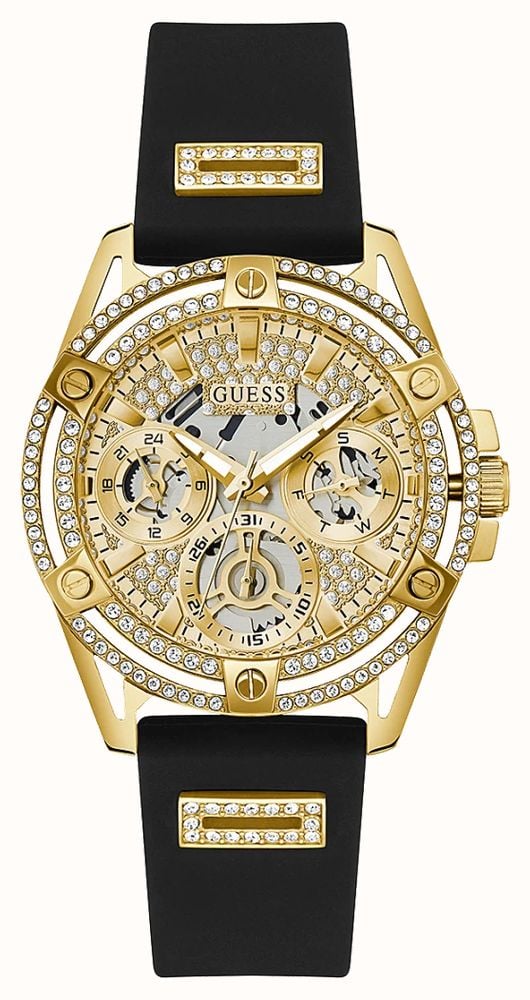Guess Queen Quartz Gold Dial Black Silicone Strap Watch For Women - GW0536L3 Buy Now By Guess