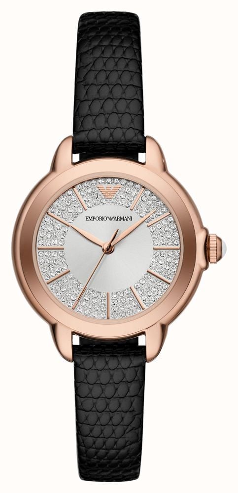 Emporio Armani Mia Three Hand Crystals Silver Dial Black Leather Strap Watch For Women - AR11631 Buy Now By Emporio Armani