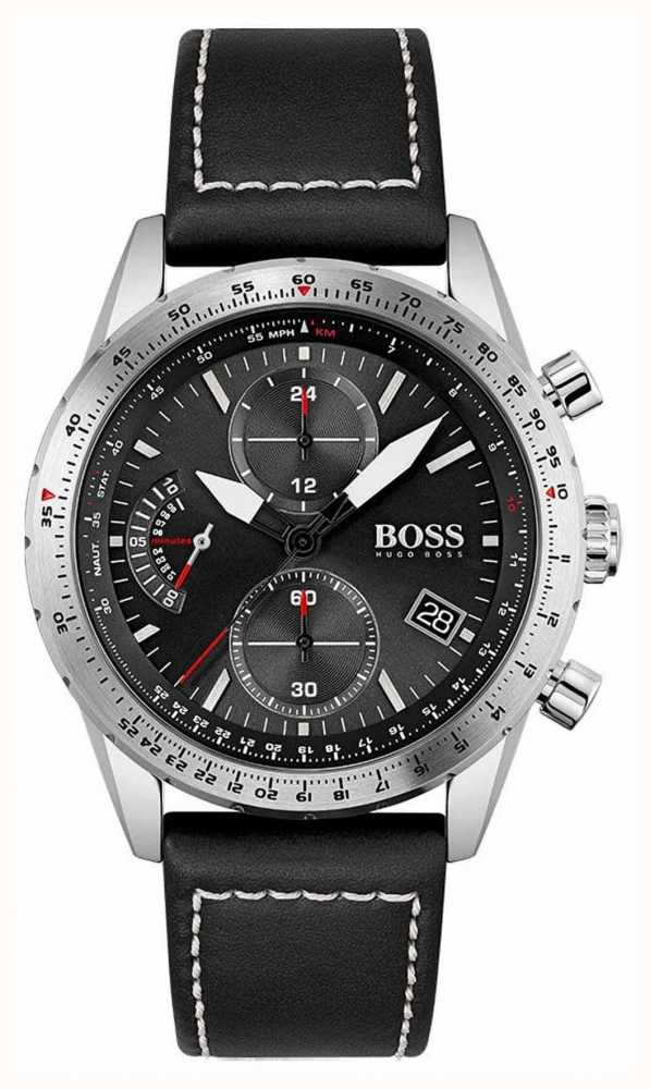 Hugo Boss Aero Chronograph Black Dial Black Leather Strap Watch for Men - 1513770 Buy Now By Hugo Boss