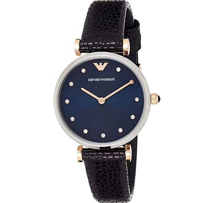 Emporio Armani Gianni T Bar Analog Blue Dial Black Leather Strap Watch For Women - AR1989 Buy Now By Emporio Armani