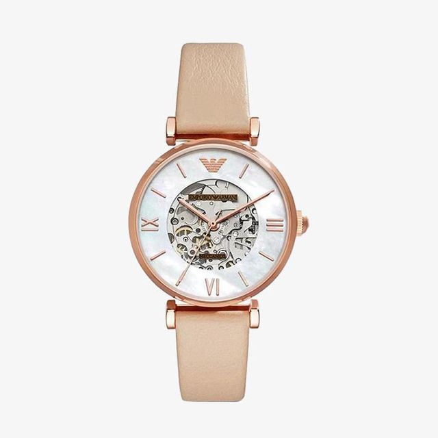 Emporio Armani Meccanico Silver Skeleton Dial Beige Leather Strap Watch For Women - AR60001 Buy Now By Emporio Armani