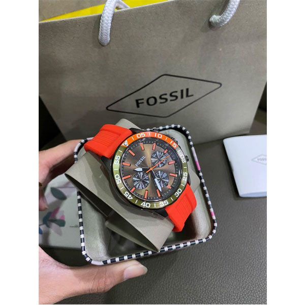 Fossil Bannon Chronograph Grey Dial Orange Silicone Strap Watch for Men - BQ2500 Buy Now By Fossil