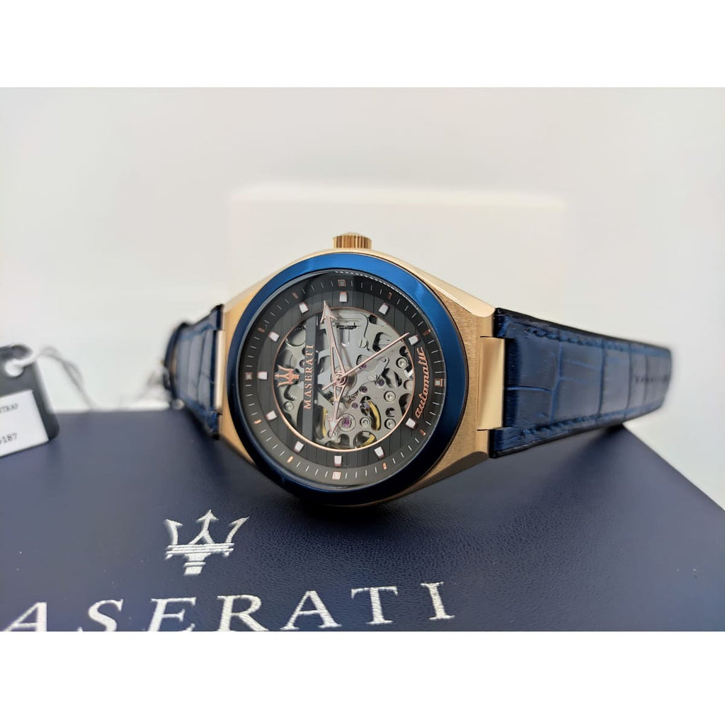 Maserati Triconic Skeleton Black Dial Blue Leather Strap Watch For Men - R8821139001 Buy Now By Maserati