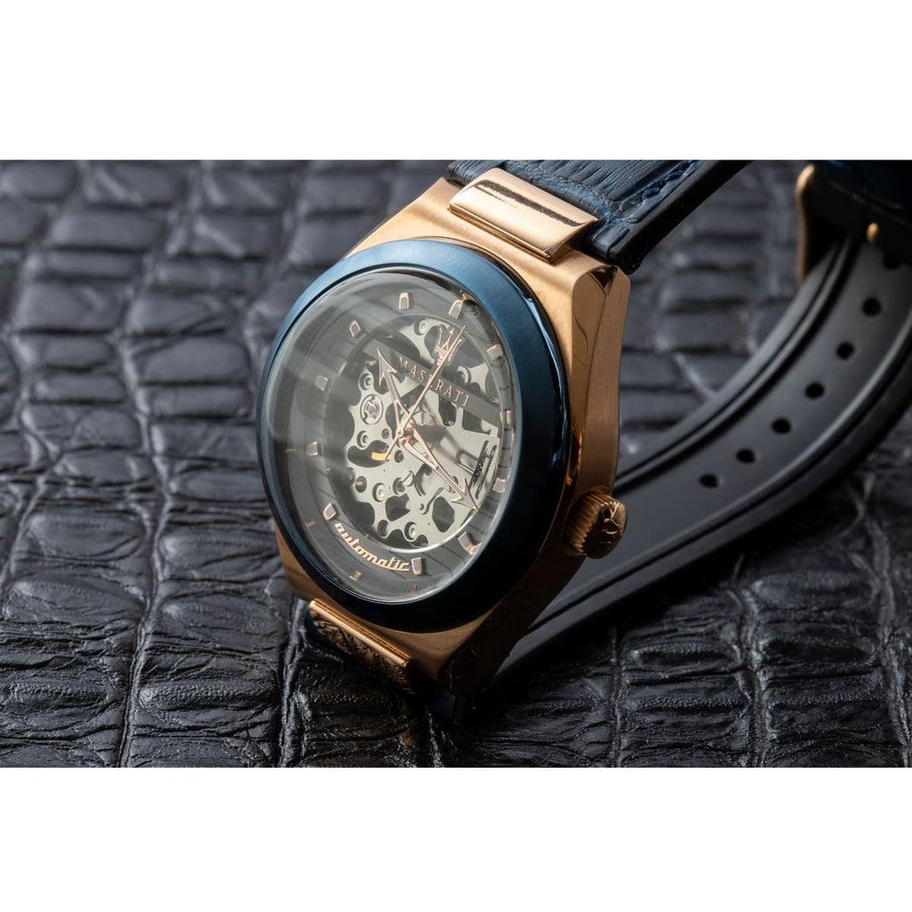 Maserati Triconic Skeleton Black Dial Blue Leather Strap Watch For Men - R8821139001 Buy Now By Maserati