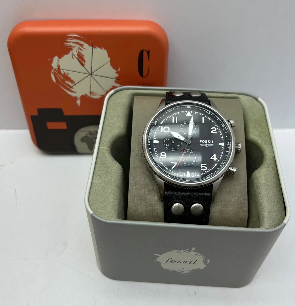 Fossil Retro Pilot Chronograph Black Dial Black Leather Strap Watch for Men - FS5806 Buy Now By Fossil