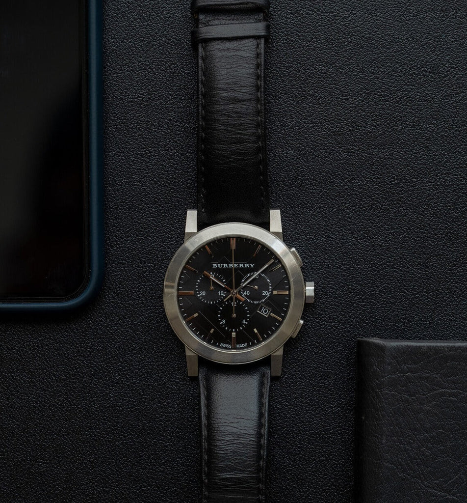 Burberry The City Chronograph Black Dial Black Leather Strap Watch for Men - BU9356 Buy Now By Burberry