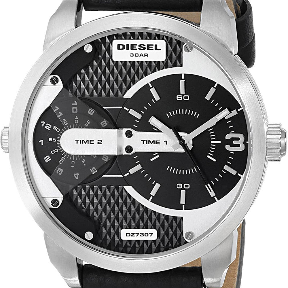 Diesel Mini Daddy Black Silver Dial Black Leather Strap Watch For Men - DZ7307 Buy Now By Diesel