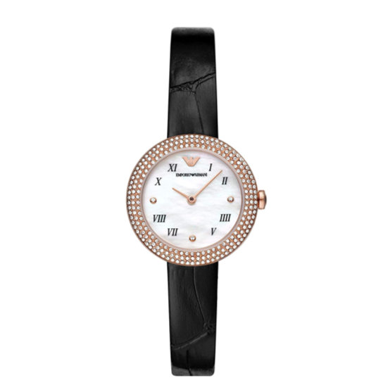 Emporio Armani Rosa Quartz Mother Of Pearl White Dial Black Leather Strap Watch For Women - AR11356 Buy Now By Emporio Armani
