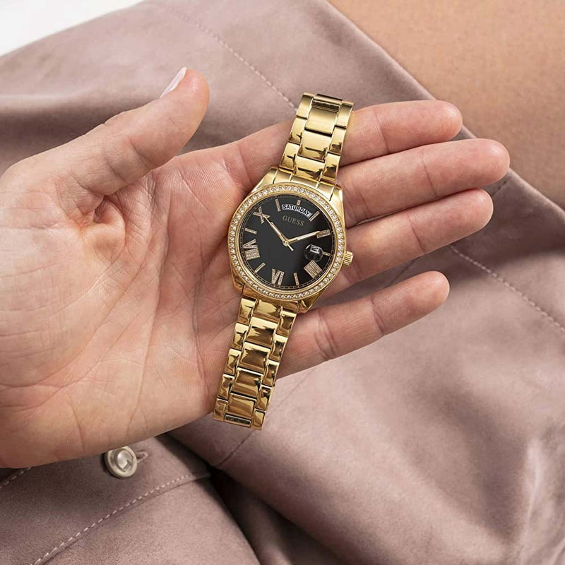 Guess Luna Diamonds Black Dial Gold Steel Strap Watch for Women - GW0307L2 Buy Now By Guess