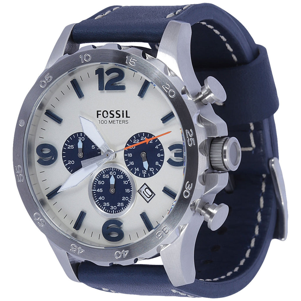 Fossil Nate Chronograph White Dial Blue Leather Strap Watch for Men - JR1480 Buy Now By Fossil