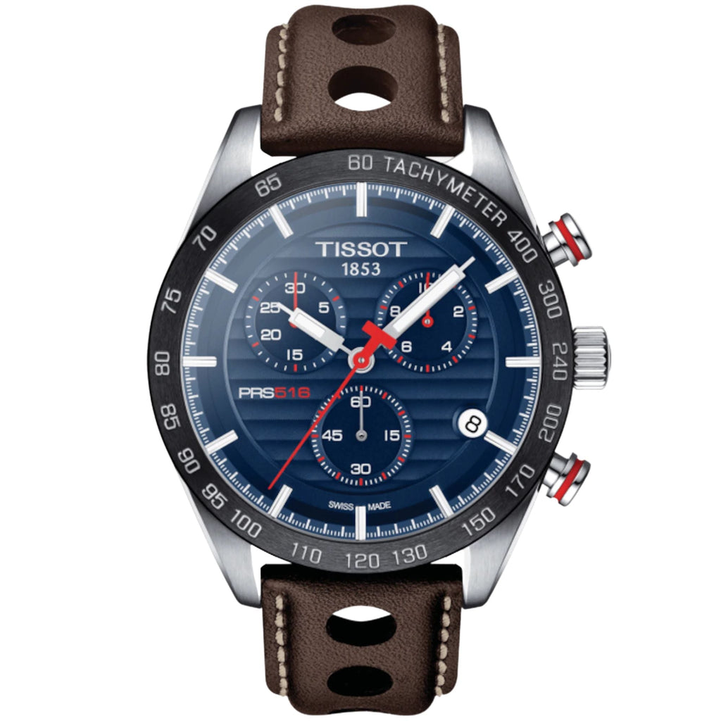 Tissot PRS 516 Chronograph Blue Dial Brown Leather Strap Watch For Men - T100.417.16.041.00 Buy Now By Tissot
