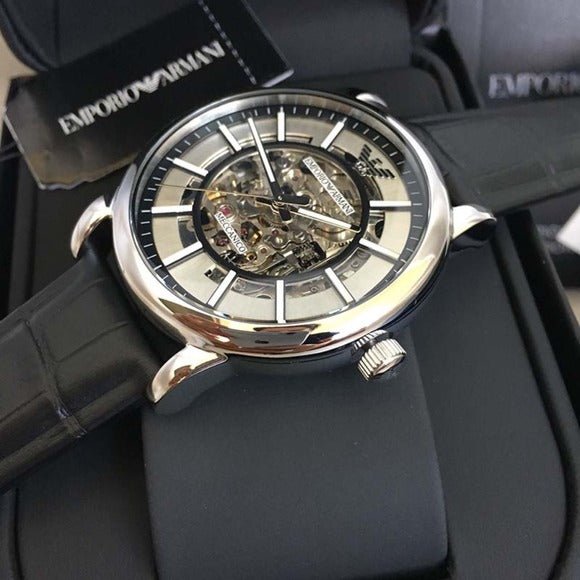 Emporio Armani Luigi Silver Skeleton Dial Black Leather Strap Watch For Men - AR1981 Buy Now By Emporio Armani