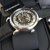 Emporio Armani Luigi Silver Skeleton Dial Black Leather Strap Watch For Men - AR1981 Buy Now By Emporio Armani