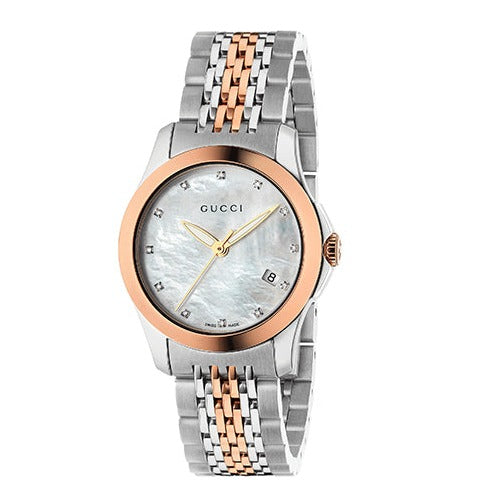 Gucci G Timeless Diamonds Mother of Pearl Dial Two Tone Mesh Bracelet Watch For Women - YA126514 Buy Now By Gucci