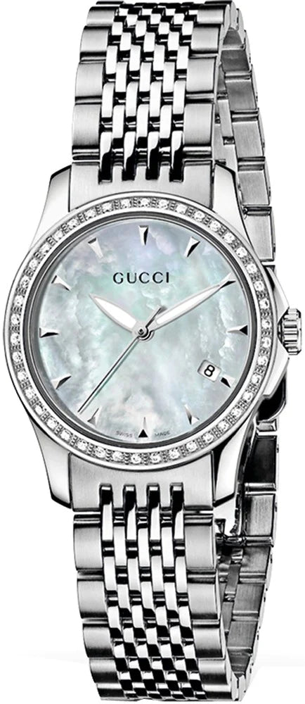 Gucci G Timeless Diamonds Mother of Pearl Dial Silver Steel Strap Watch For Women - YA126506 Buy Now By Gucci