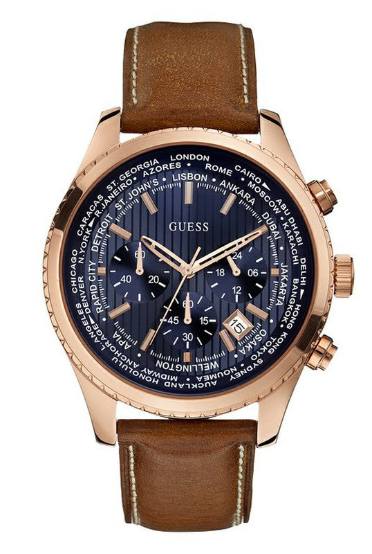 Guess Persuit Chronograph Blue Dial Brown Leather Strap Watch for Men - W0500G1 Buy Now By Guess