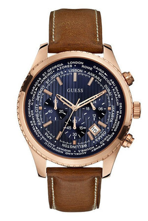 Guess Persuit Chronograph Blue Dial Brown Leather Strap Watch for Men - W0500G1 Buy Now By Guess