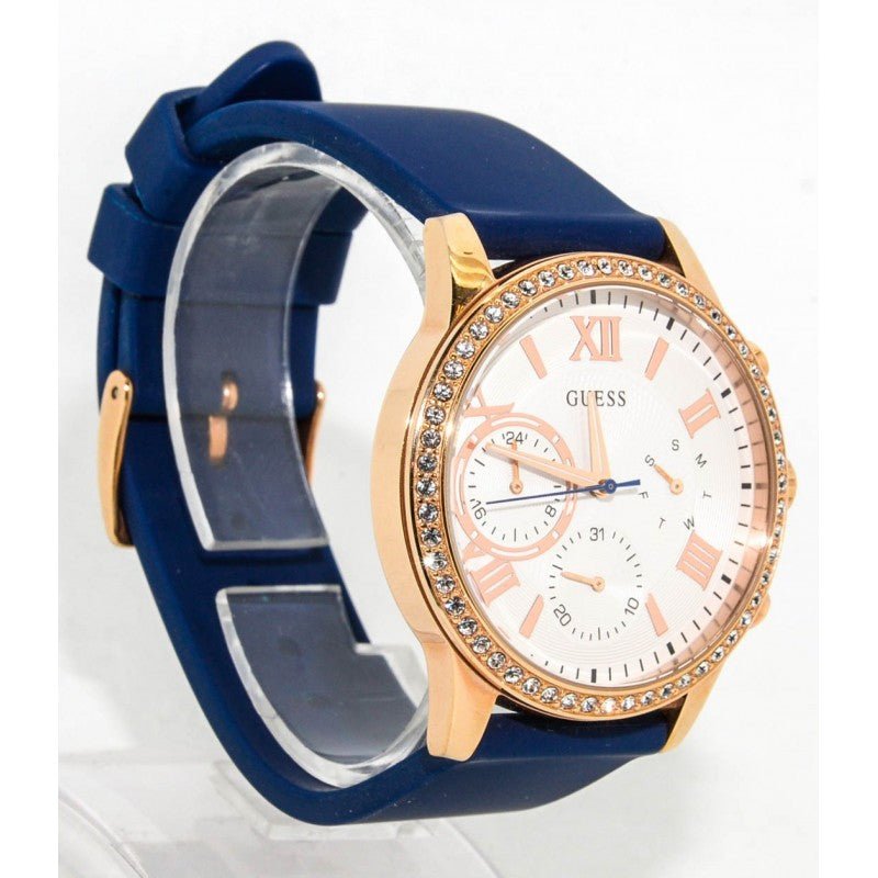 Guess Solar White Rose Gold Dial Blue Rubber Strap Watch For Women - W1135L3 Buy Now By Guess