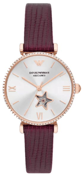Emporio Armani Meccanico Automatic Silver Dial Burgundy Leather Strap Watch For Women - AR60044 Buy Now By Emporio Armani