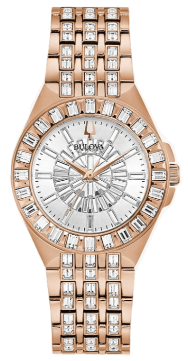 Bulova Phantom White Dial with Swarovski Baguettes Rose Gold Steel Strap Watch for Women - 98L268 Buy Now By Bulova