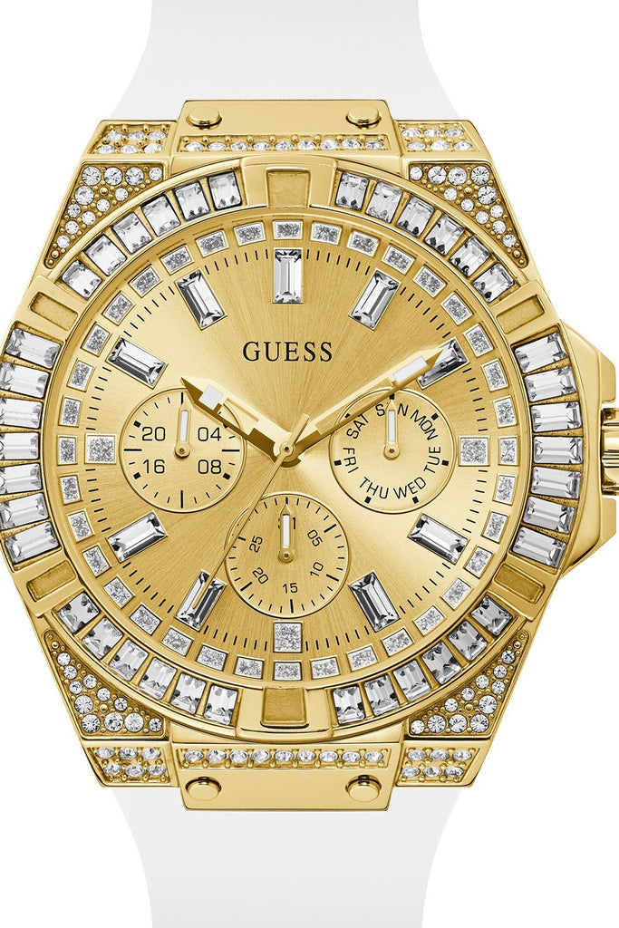 Guess Baguette Crystals Gold Dial White Silicone Strap Watch For Men - GW0208G3 Buy Now By Guess