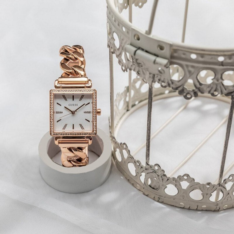 Guess Vanity Diamonds Silver Dial Gold Steel Strap Watch for Women - W1030L4 Buy Now By Guess