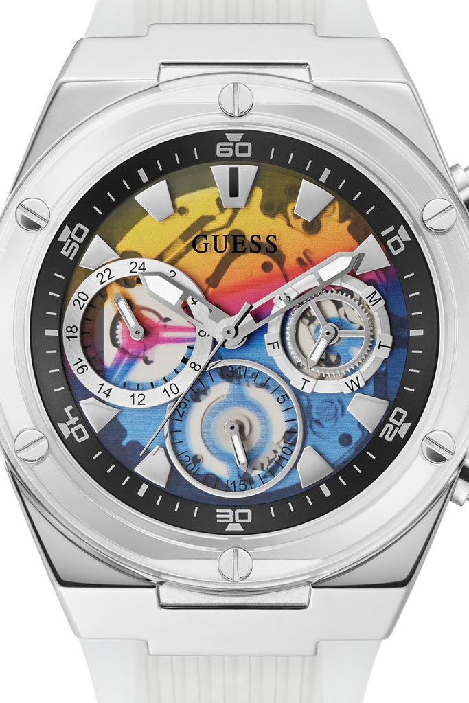 Guess Poseidon Chronograph Rainbow Dial White Silicone Strap Watch For Men - GW0425G4 Buy Now By Guess