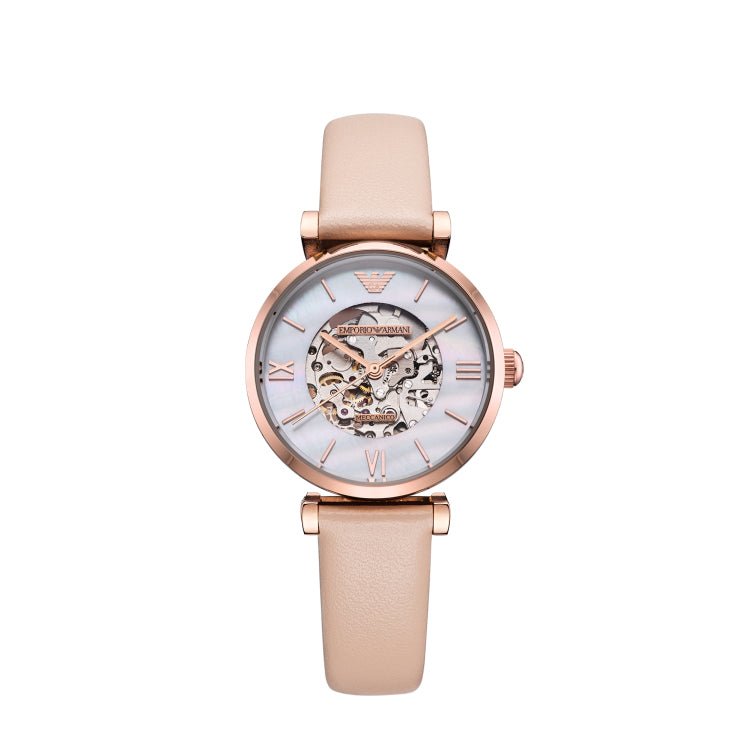 Emporio Armani Meccanico Silver Skeleton Dial Beige Leather Strap Watch For Women - AR60001 Buy Now By Emporio Armani