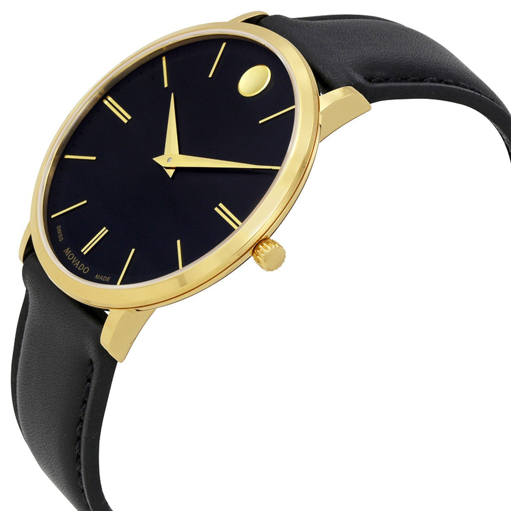 Movado Ultra Slim Black Dial Black Leather Strap Watch For Men - 0607087 Buy Now By Movado
