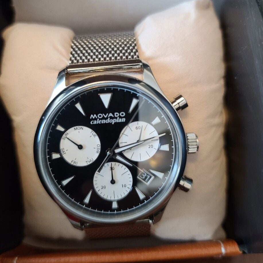 Movado Heritage Calendoplan Chronograph Black Dial Silver Mesh Strap Watch for Men - 3650097 Buy Now By Movado