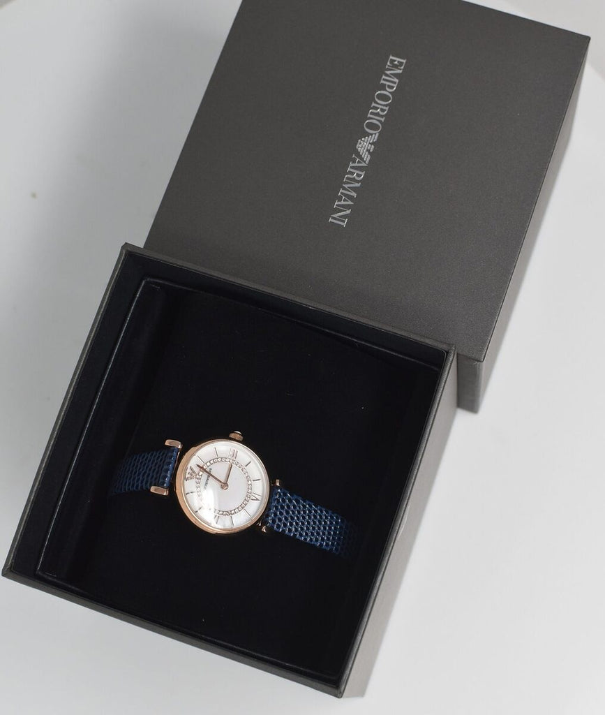 Emporio Armani Gianni T-Bar Analog Mother of Pearl Dial Blue Leather Strap Watch For Women - AR11468 Buy Now By Emporio Armani