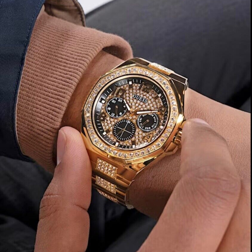 Guess Duke Glitz Crystals Gold Dial Gold Steel Strap Watch For Men - GW0576G2 Buy Now By Guess