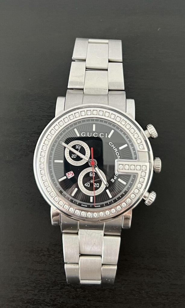 Gucci G Chrono Diamonds Black Dial Silver Steel Strap Watch For Men - YA101324 Buy Now By Gucci