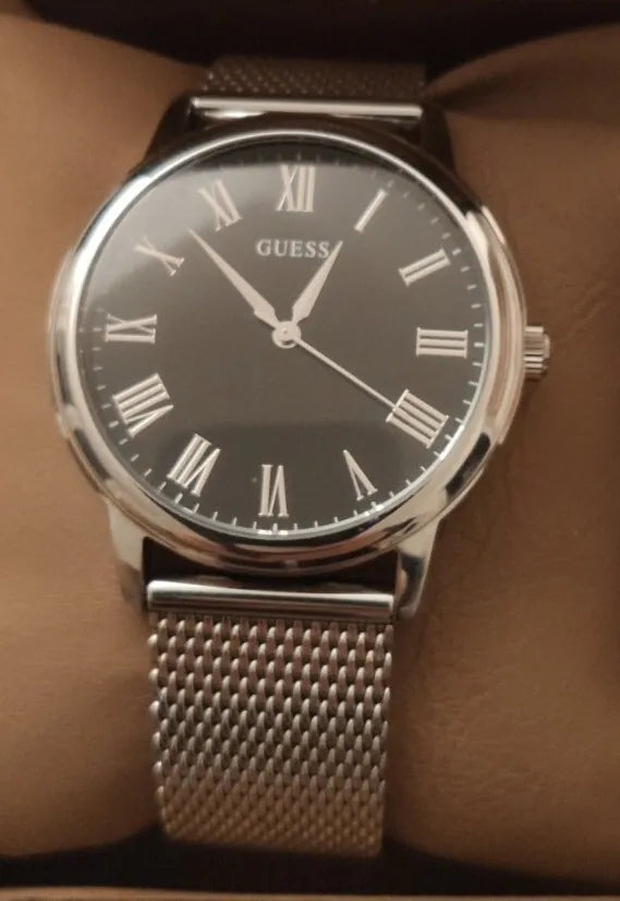 Guess Analog Black Dial Silver Mesh Bracelet Watch for Men - W1263G1 Buy Now By Guess