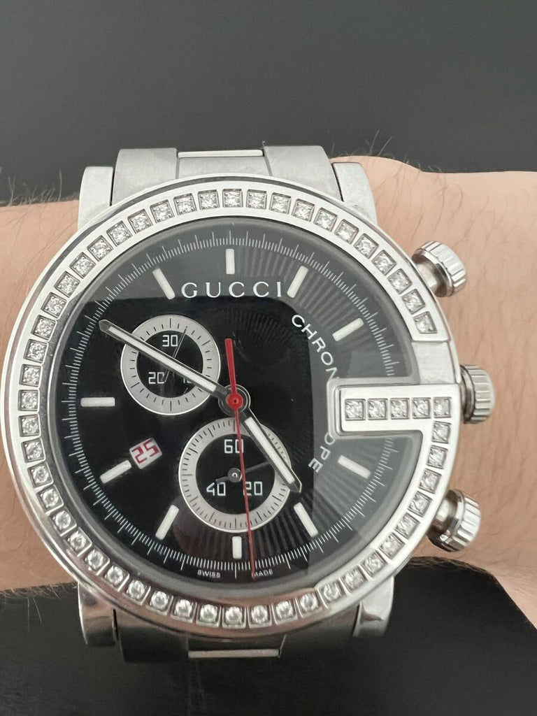 Gucci G Chrono Diamonds Black Dial Silver Steel Strap Watch For Men - YA101324 Buy Now By Gucci