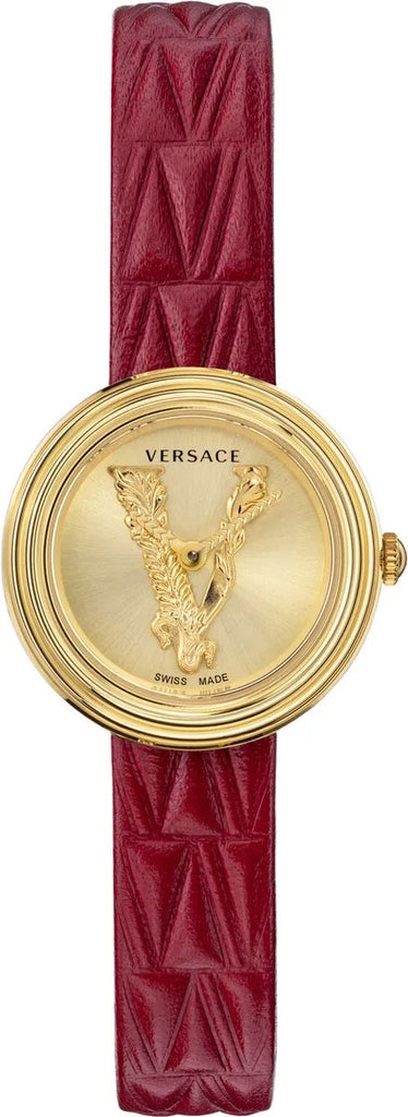 Versace Virtus Mini Quartz Gold Dial Red Leather Strap Watch For Women - VET300521 Buy Now By Versace