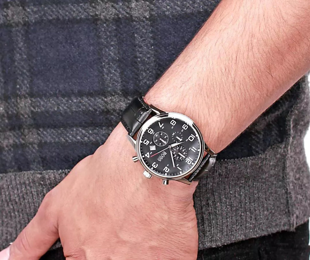 Hugo Boss Aeroliner Chronograph Quartz Black Dial Black Leather Strap Watch For Men - HB1512448 Buy Now By Hugo Boss