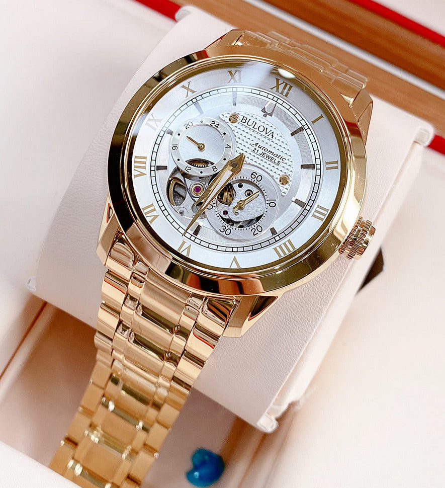 Bulova BVA Skeleton Silver Dial Gold Steel Strap Watch for Men - 97A108 Buy Now By Bulova