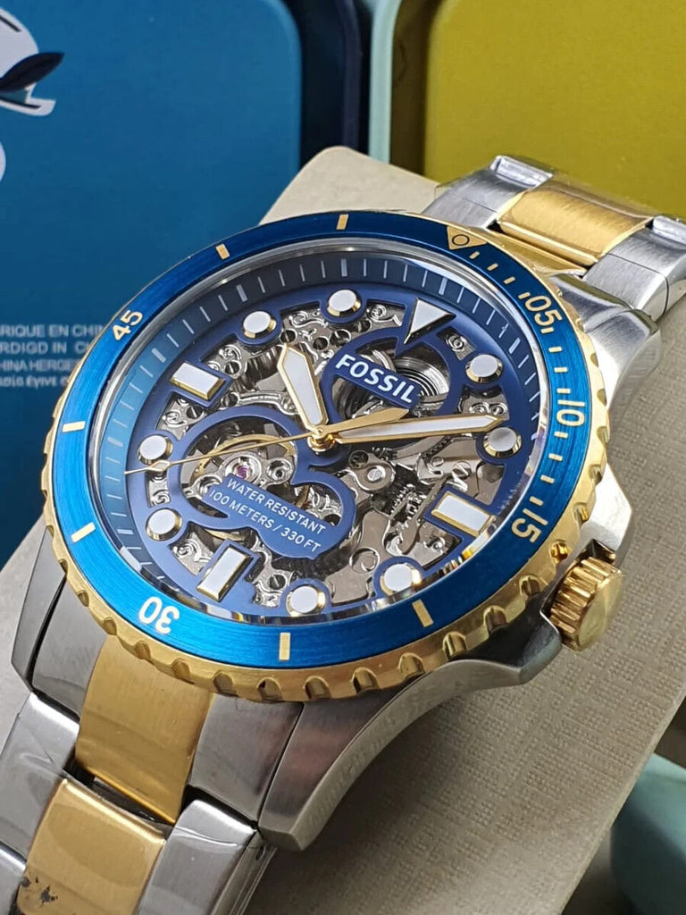 Fossil FB-01 Automatic Skeleton Blue Dial Two Tone Steel Strap Watch for Men - ME3191 Buy Now By Fossil